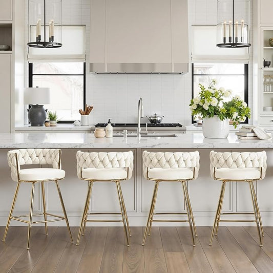 VECELO Bar Stools Set of 4, Counter Height Bar Stools, 26 inch Seat Barstools with Woven Back and Footrest for Kitchen Island Counter, White