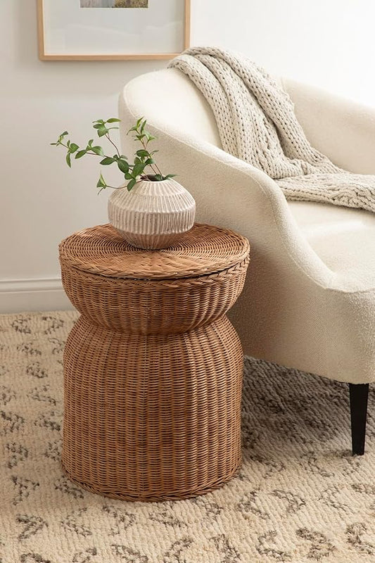 Kate and Laurel Thatch Modern Woven Rattan Round Storage Side Table, 17 x 17 x 21, Natural Rattan, Lift-Top End Table for Use as Hidden Storage Basket, Nursery Toy Storage, or Small Laundry Hamper