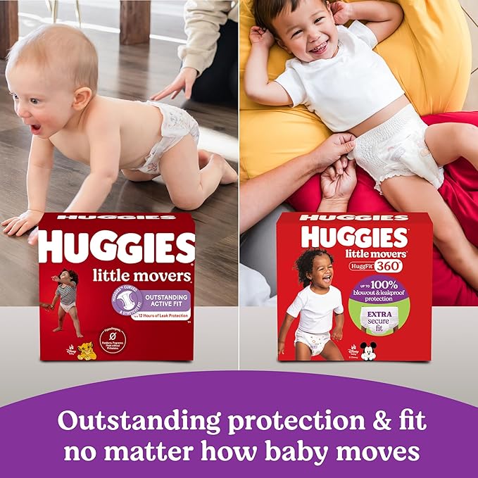 Huggies Size 3 Baby Diapers, Little Movers HuggFit 360° Baby Diapers with 360° Waistband, Size 3 (16-28 lbs), 136 Count, Packaging May Vary
