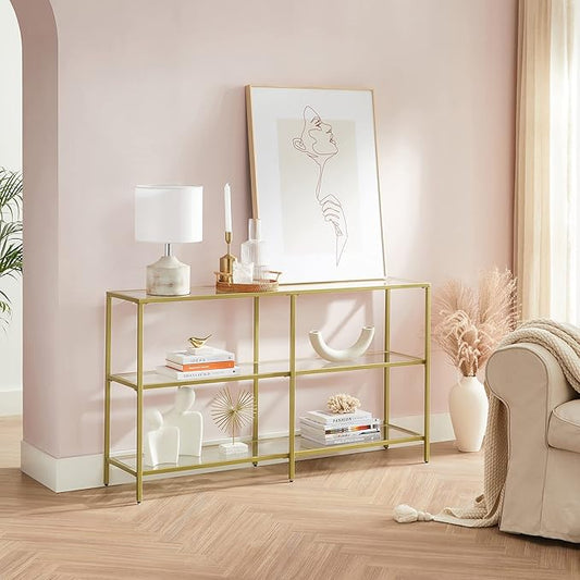VASAGLE 51.2 Inch Console Table with 3 Shelves, Sofa Tables, Modern Entryway Table, Metal Frame, Tempered Glass Shelf, Entryway Living Room Bedroom, Metallic Gold and Transparent ULGT024A01