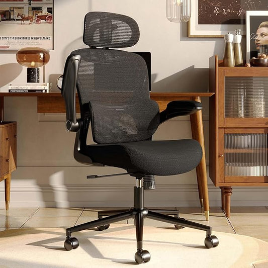SUNNOW Ergonomic Office Chair, Comfy Mesh Desk Chair, High Back Computer Gaming Chairs with Adjustable Lumbar Support, Flip-Up Arms, Headrest, Tilt Function, Wide Cushion, Swivel Wheel, BIFMA Quality