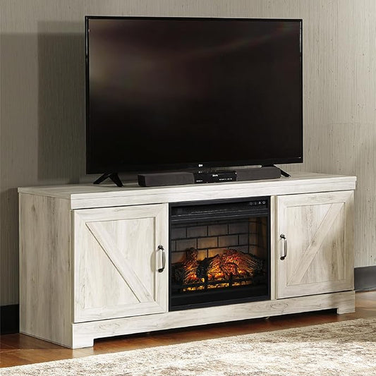 Signature Design by Ashley Bellaby Farmhouse 63" TV Stand with Electric Fireplace for TVs up to 72", Whitewash