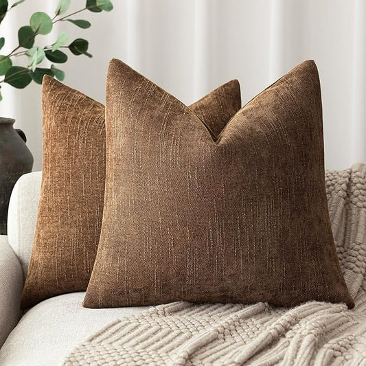 Foindtower Set of 2 Soft Textured Chenille Throw Decorative Pillow Covers Square Accent Solid Cushion Cover Cozy Neutral Farmhouse Pillow Case for Couch Sofa Bedroom Living Room 26x26 Inch,Dark Bronze