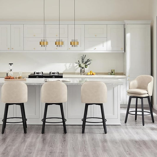 Counter Height Barstools 26 inch Upholstered Swivel Bar Stools with Back and Wood Legs for Kitchen Island,Set of 1,Beige PU Leather