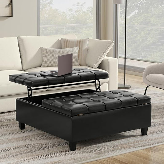 SIMPLIHOME Harrison Large Coffee Table Storage Ottoman - 40 inch Wide Upholstered Vegan Leather Square Lift-Top Ottoman in Midnight Black, Transitional Bench for Living Room with Sturdy Base
