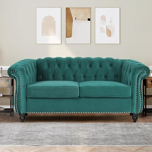 Velvet Loveseat Sofa, Mid Century Modern Upholstered Couch, 62" Oversized Comfy 2 Seater Love Seat Couch with Cushions, Tufted Chesterfield Sofa for Living Room, Bedroom, Apartment (Green)