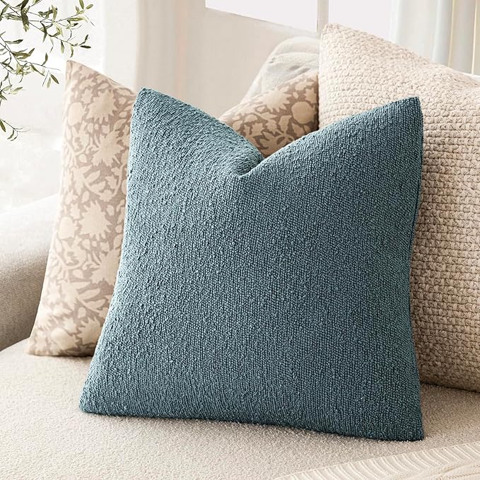 Foindtower Set of 2, Decorative Textured Boucle Throw Pillow Covers Accent Solid Pillow Cases Neutral Cozy Couch Cushion Case for Chair Sofa Bedroom Living Room Home Decor 26x26 Inch Misty Blue