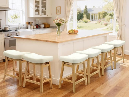 Counter Height Bar Stools Set of 6 for Kitchen Island Modern Barstools with Upholstered Faux Leather Backless Seat and Solid Wood Legs, 24 inch Farmhouse Bar Chairs, White