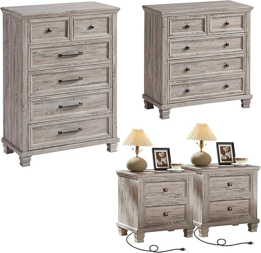 Farmhouse Bedroom Dresser and Nightstand Set of 4, 6 Drawer Tall & 5 Drawers Dresser & 2 Drawer Nightstand Set, Rustic Wood Bedroom Furniture Set for Livingroom, Hallway, Grey