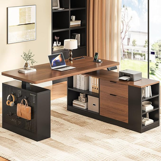 L Shaped Standing Desk Adjustable Height, 53" Electric Office Desk with File Drawers & Storage Shelves, Sit Stand Corner Computer Desk with Power Outlets, Pegboard, 6 Hooks, Black & Walnut