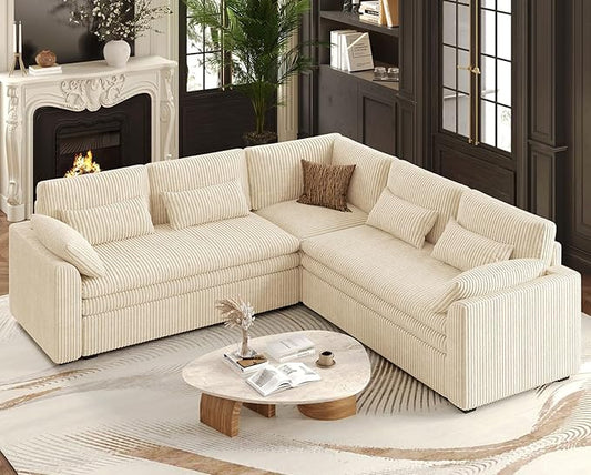 Belffin Large Modular Sectional Sofa with Double 61" Loveseat, Corduroy Corner Couch with 9" Soft Dual-Layer Seats Cushion for Living Room, Apartment, Small Sapce, Beige