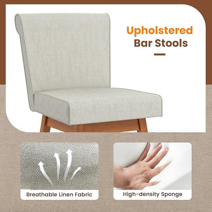 COSTWAY Swivel Bar Stools Set of 4, 27" Counter Height Bar Chairs with Rubber Wood Legs, Upholstered Linen Barstools with Back & Cushioned Seat, for Kitchen Island, Home, Beige