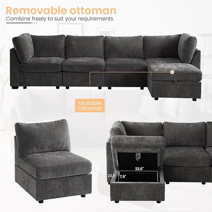 TEKAMON 123" Modular Sectional Sofa with Ottoman,Extra Large Comfy Cloud 4-Seat Deep Seat, Reversible Chaise Modular Sectional Couches for Living Room and Apartmenr,Grey