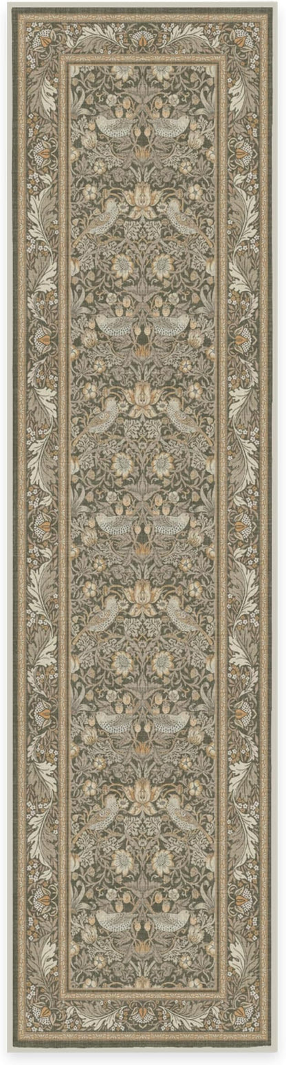 RUGGABLE x Morris & Co Machine Washable Runner Rug – Strawberry Thief Stone Gold 2.5x10, Stain-Resistant, Non-Slip – Washable Rug for Hallway, Entryway, Living Room & Kitchen–with Standard Pad