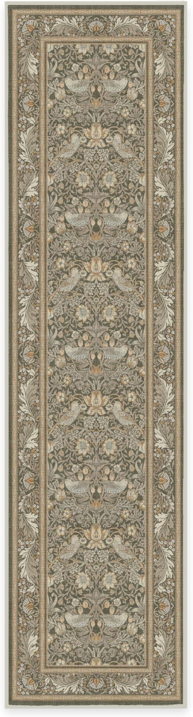 RUGGABLE x Morris & Co Machine Washable Runner Rug – Strawberry Thief Stone Gold 2.5x10, Stain-Resistant, Non-Slip – Washable Rug for Hallway, Entryway, Living Room & Kitchen–with Cushioned Pad