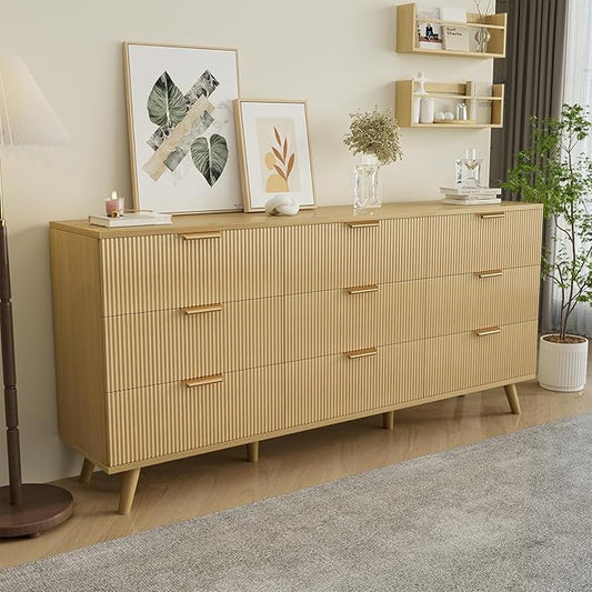 63" Long 9 Drawer Dresser for Bedroom, Modern Chest with Fluted Detailing, Light Wood Boho Dresser and TV Stand, Stylish Storage Organizer for Living Room, Hallway, or Closet, Light Wood