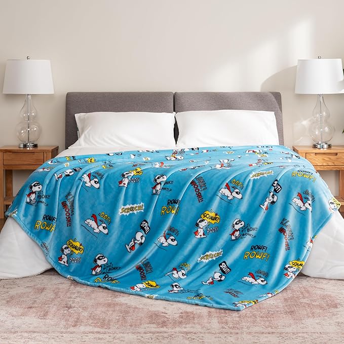 Berkshire Blanket Peanuts® VelvetLoft® Cute Character Snoopy Plush Blanket,Peanuts Large Masked Marvel Toss Happy Blue,King 90 in x 108 in (Official Peanuts® Product)