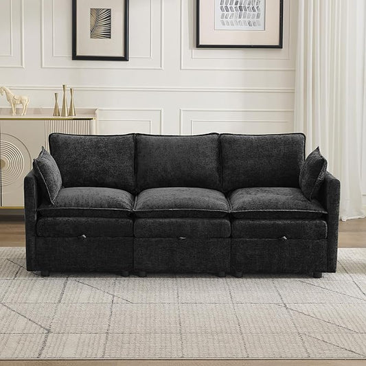 80" Cloud Modular 3 Seater Sofa with Storage, Modern Upholstered Storage Sofa Couch Deep Seat, Sectional Sofa Chenille Comfy Couch with Armrests for Living Room, Small Space, Black