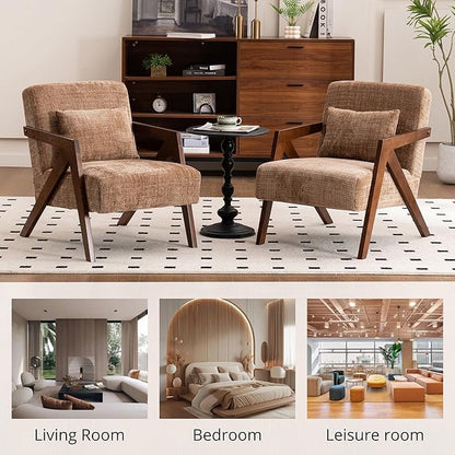 Mid-Century Modern Accent Chair Set of 2 with Solid Wood Frame，Upholstered Chenille Living Room Arm Chairs with Pillow for Bedroom, Living Room, Reading Room, Balcony, Brown