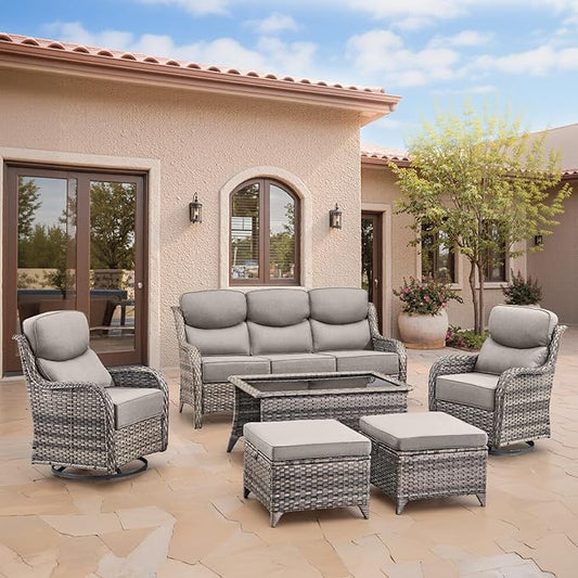 Swivel Patio Chairs sofa Set of 6 with 6" Thick Cushion - Wicker Outdoor Swivel Rocker Patio Chair ,Sofa/Glass coffee table, High Back Comfortable Outdoor Glider Chairs - Gery Wicker | Gery Cushions