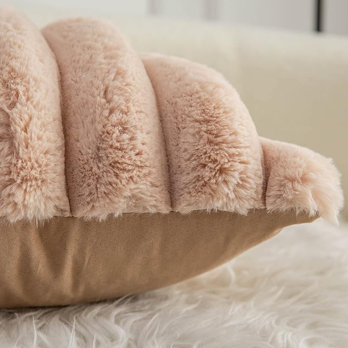 Neelvin Camel Faux Fur Cozy Soft Striped Decorative Throw Pillow Covers 22x22 inch Set of 2,Velvet Pillowcase Cushion Case for Sofa Couch