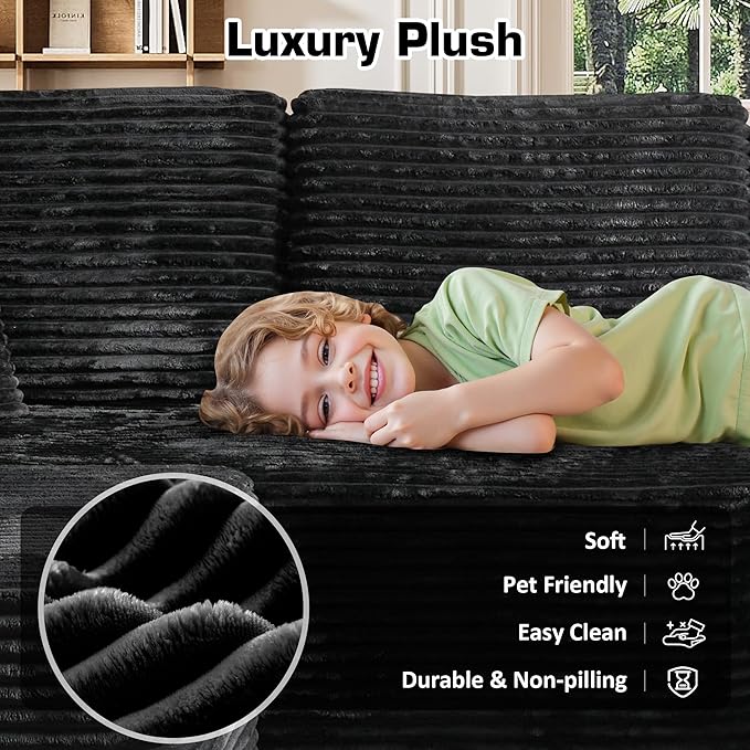 165.7'' U Shaped Sectional Couches for Living Room, Oversized Boneless Cloud Couch with Chaise, Modular Sofa Sets Deep Seat Plush Corduroy, No Assembly Required,Plush Corduroy,Black