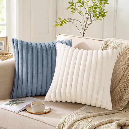 Pallene Faux Fur Plush Lumbar Throw Pillow Covers 12x20 Set of 2, Luxury Soft Fluffy Striped Decorative Pillow Covers for Sofa, Couch, Living Room, Blue Grey