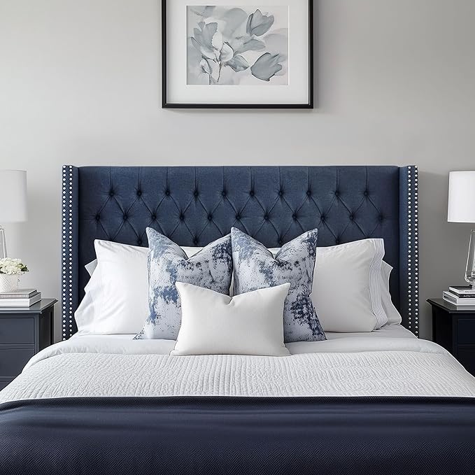 Madison Park King Button Tufted Headboard, Adjustable Upholstered Wingback Headboard, Nailhead Trim, Wooden Frame, Black Metal Legs, Flush Flat Back, Vintage Bedroom Décor - Navy Amelia