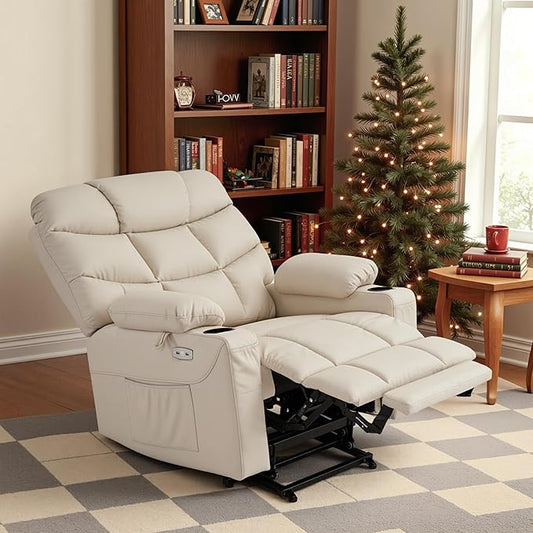 MCombo Oversized Power Lift Recliner Chair with Extended Footrest for Elderly People, Faux Leather R7289 (Cream White, Oversize)