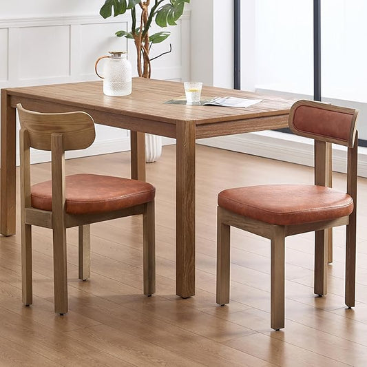 Brown Dining Chairs Set of 2, Mid Century Modern Leather Dining Room Chairs with Curved Back, Armless Kitchen Chairs for Living Room/Restaurant/Balcony/Bedroom/Home Desk/Task