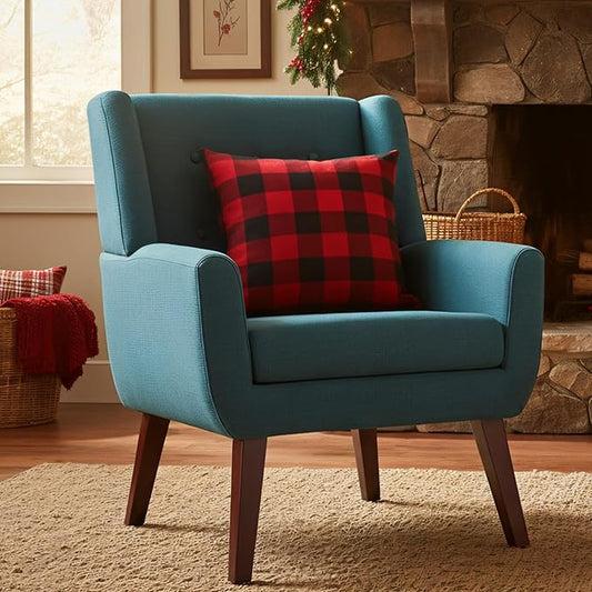 HUIMO Button-Tufted Accent Chairs,Upholstered Reading Living Room Chair,Mid Century Modern Chair with Linen Fabric, Club Chair,Comfy Arm Chairs for Living Room,Bedroom Lake Blue