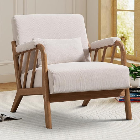 Mid Century Modern Accent Chair with Solid Wood Frame, Upholstered Living Room Chairs with Lumbar Cushion Padded Arms, Reading Armchair for Bedroom (1, Beige)
