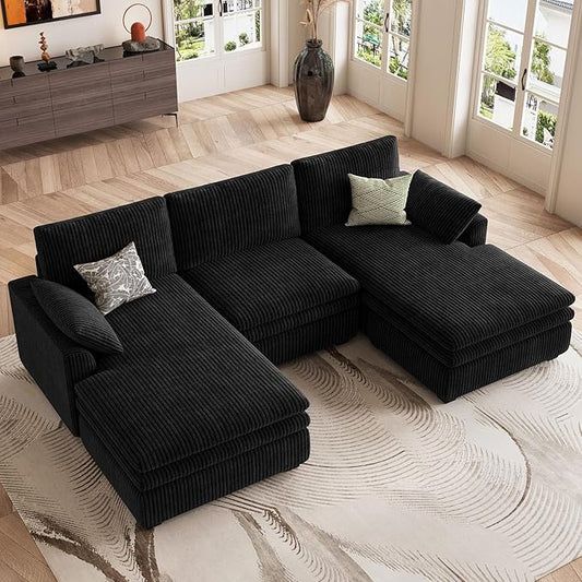 Belffin Large Modular Sectional Sofa with Double Deep Chaise, 104" Corduroy U Shaped Couch with 9" Soft Dual-Layer Seats Cushion Sectional Couches for Living Room, Apartment, Black