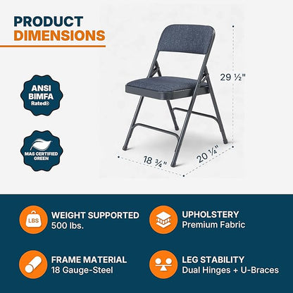 OEF Furnishings OEF2200 Series Heavy-Duty Premium Fabric Padded Upholstery Double-Hinged Folding Chairs (4-Pack, Midnight Blue)