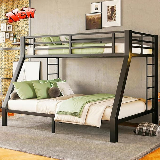 Stronger & Higher Quality Heavy Duty Steel Bunk Bed Twin XL Over Queen Size Bunkbed, Thickened Safer More Stable Metal Queen Bunk Bed Frame (Faster Assembly) (Twin XL Over Queen)