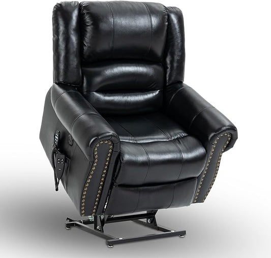 Luxlen Power Lift Recliner Chair for Elderly, Dual Motor Massage Recliner with Lumbar Heat, Heavy Duty Motion Mechanism Lift Chair with Charge Ports, Genuine Leather - Black