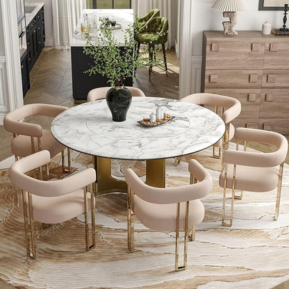 Velvet Dining Chairs Set of 6, Khaki Upholstered Barrel Armchairs with Gold Metal Legs for Kitchen Island, Mid Century Modern Accent Side Chairs for Dining Room and Living Room, Open-Back