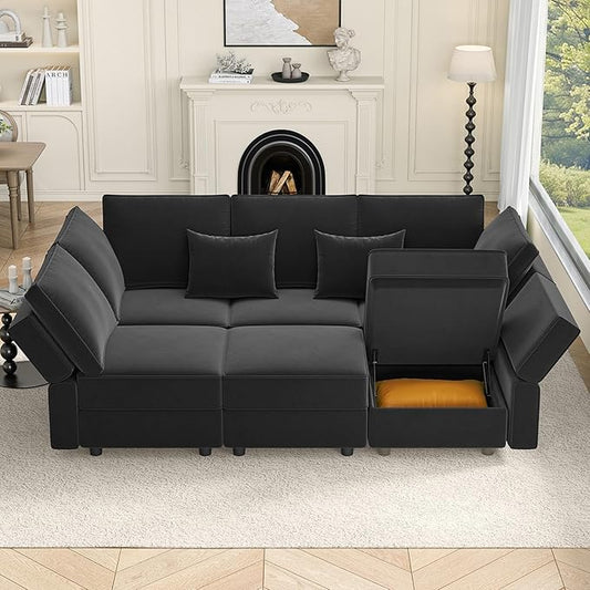 Vesgantti Sectional Sleeper Sofas with Storage, 92" Sofa Bed with 6 Seats Storage Chaises Removeble Cover, Deep Seat Modular Couches Velvet Couch Set for Living Room, Apartment, Home Theatre, Black