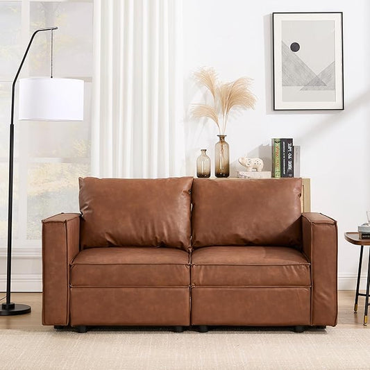 64.5 inch Loveseat, Brown Leather Modular Sectional Sofa, Modern Convertible Comfortable Sofa Couch for Living Room/Apartment