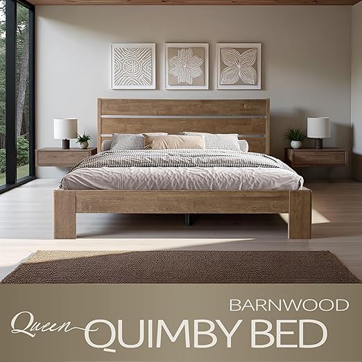 Queen Size Bed Frame with Headboard & Footboard, Solid Wood Platform Bed, Metal Legs, 12 Durable Slatted Structure, No Box Spring Needed, Anti-Slip & Noise-Free, Easy Assembly, Barnwood Finish, QIQ-30
