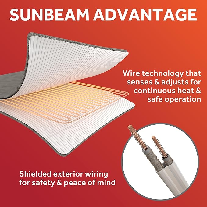 Sunbeam Electric Heated Mattress Pad Soft Cozy Fabric Fast Heating 12 Heat Settings 12-Hour Auto Shut-Off Deep Pocket Skirt Machine Washable Queen 80" x 60"