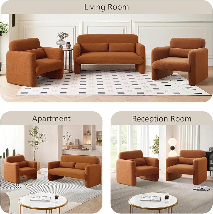 Modern Accent Single Sofa Chair with Arms, Lamb Fabric Upholstered Comfy Reading Arm Chair for Bedroom, Living Room-Beige