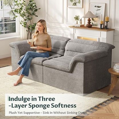 88" Sofa with Deep Seats Oversize, 3 Seater Cloud Couches, Upholstered Corduroy Couch for Living Room Bedroom, No Assembly Required, Light Gray