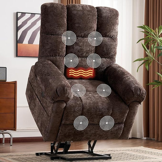 Oversized Power Lift Recliner Chair for Elderly, Electric Lift Chair with Masssage and Heat, Overstuffed Power Recliner for Adults, 3 Positions,USB Ports, Side Pockets, Coffee