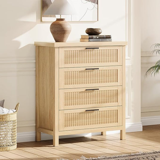 GarveeHome Fluted 4 Drawers Dresser for Bedroom, 35.4 in Tall Chest of Dressers for Closet, 4 Fluted Drawers with Metal Handle, Large Clothes Storage Cabinet for Bedroom, Nursery, Living Room, Natural