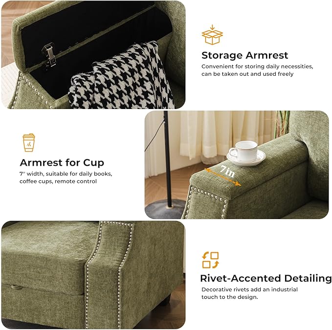 85'' L Shaped Couch with Armrest Organizer,Comfy 3 Seats Sofa with Storage Ottoman,Chenille Sectional Couches for Living Room,Bedroom,Apartment,Sofa Set with Oversized Chair,Green
