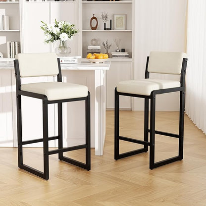 Bar Stools Set of 3, Fabric Counter Height Bar Stools with High Back and Metal Legs, Upholstered Bar Chairs, 26" Modern Barstools for Kitchen Island, Beige
