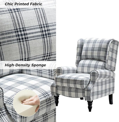 HULALA HOME Upholstered Wingback Recliner Chair, Small Adjustable Footrest Push Back Single Reclining Sofa, Mid Century Modern Lounge Armchair for Living Room, Bedroom, Reading/Plaid Black