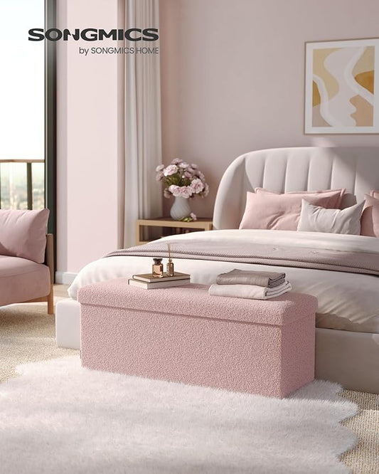 SONGMICS Storage Ottoman Bench, Storage Chest, 15 x 43 x 15 Inches, Foot Rest Stool, End of Bed Bench, Load up to 660 lb, for Living Room, Bedroom, Entryway, Jelly Pink ULSF097R01