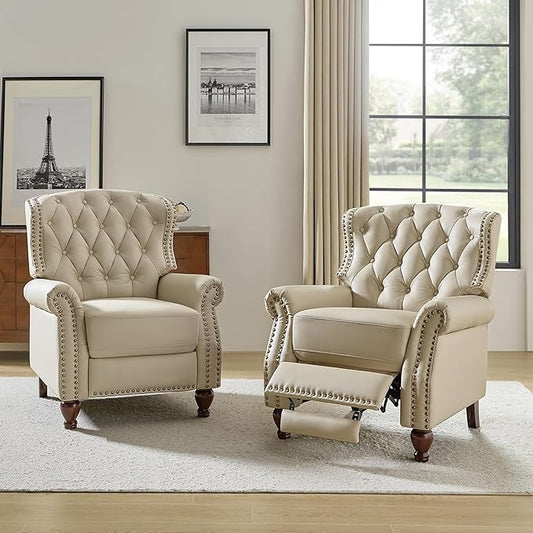 HULALA HOME Genuine Leather Recliner Chair Set of 2 w/Solid Wood Feet, Modern Adjustable Tufted Push Back Arm Chair w/Rivet Decoration, Home Theater Seating Reclining Sofa for Living Room, Beige
